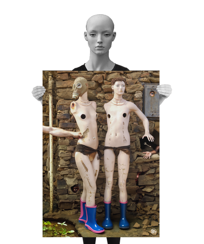 un4rt - a poster. combination of photographie and ai-art. two mannequins with rubber boots are standing in front of an ancient stone wall. one mannequin is wearing a gas mask. an arm is punching one mannequin. both mannequins are wearing necklesses and have holes in their breasts. a mannequin is holding the poster.