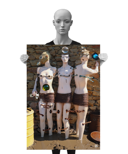 un4rt - a poster. combination of photographie and ai-art. three mannequins are chained together. they are standing in mud, in front of an old stone wall. one of the mannequins is looking into the camera, the others are wearing a gas mask and face away from the camera. each mannequin is in a relationship with a glas orb. a mannequin is holding the poster.