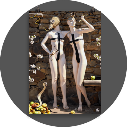 un4rt - combination of photographie and ai-art. two mannequins with a black cross all over their bodies standing in front of an old stonewall. both mannequins are wearing gas masks and holding snakes. blossoms and apples around them.
