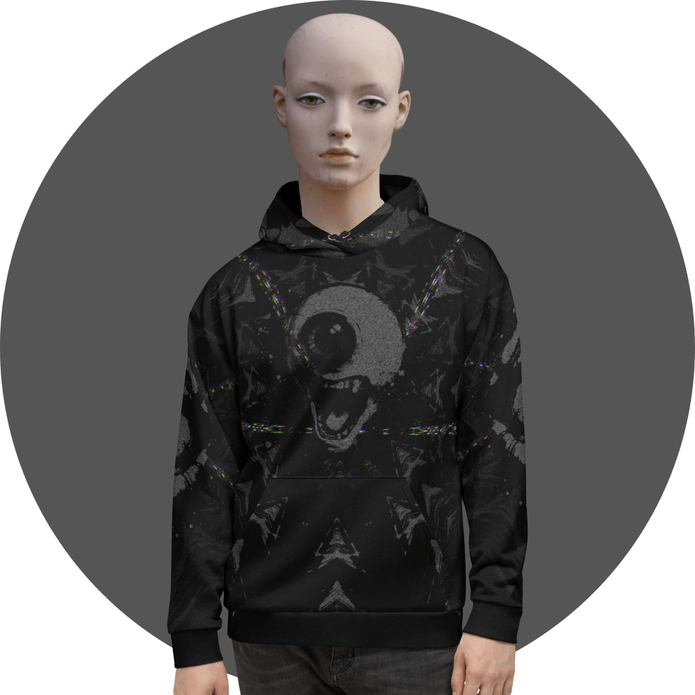 UN4RT black all-over print hoodie, dark abstract glitch pattern with screaming skull motif and neon chromatic aberration accents centered on chest, kangaroo pocket, mannequin front view, grey circular background.