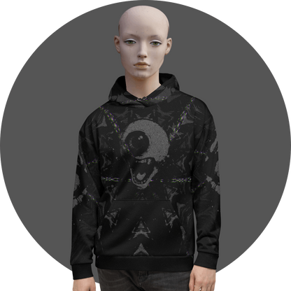 UN4RT black all-over print hoodie, dark abstract glitch pattern with screaming skull motif and neon chromatic aberration accents centered on chest, kangaroo pocket, mannequin front view, grey circular background.