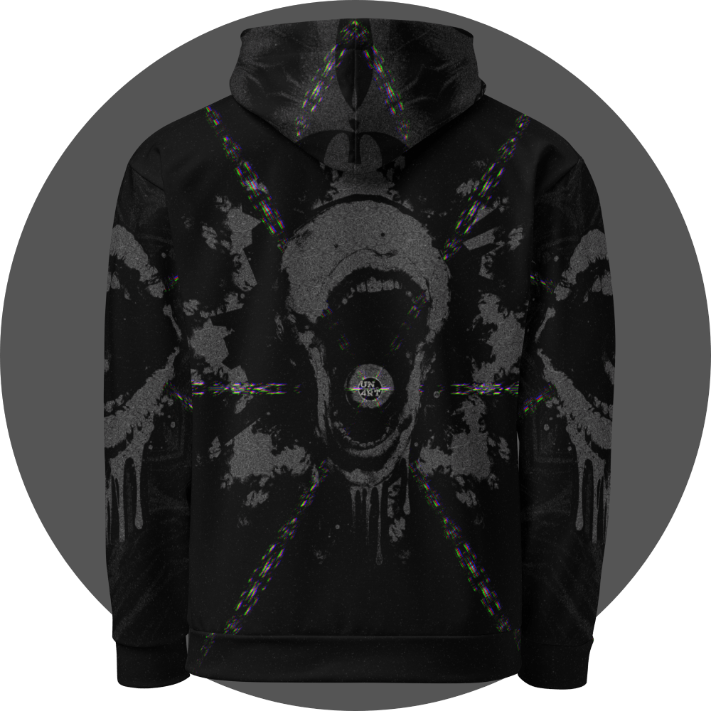 UN4RT - EYESCREAM all-over-print hoodie back view – black pullover hoodie with large screaming skull graphic, radiating glitch lines and dripping paint effect on dark premium fabric