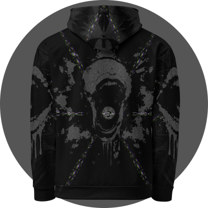 UN4RT - EYESCREAM all-over-print hoodie back view – black pullover hoodie with large screaming skull graphic, radiating glitch lines and dripping paint effect on dark premium fabric