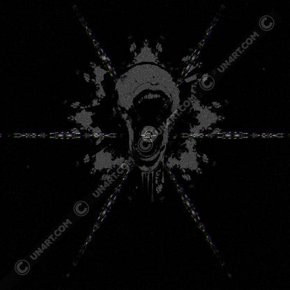 UN4RT - EYESCREAM hoodie design detail – original dark art graphic showing screaming human face with open mouth, radiating glitch lines and surrealist horror aesthetic on black background.