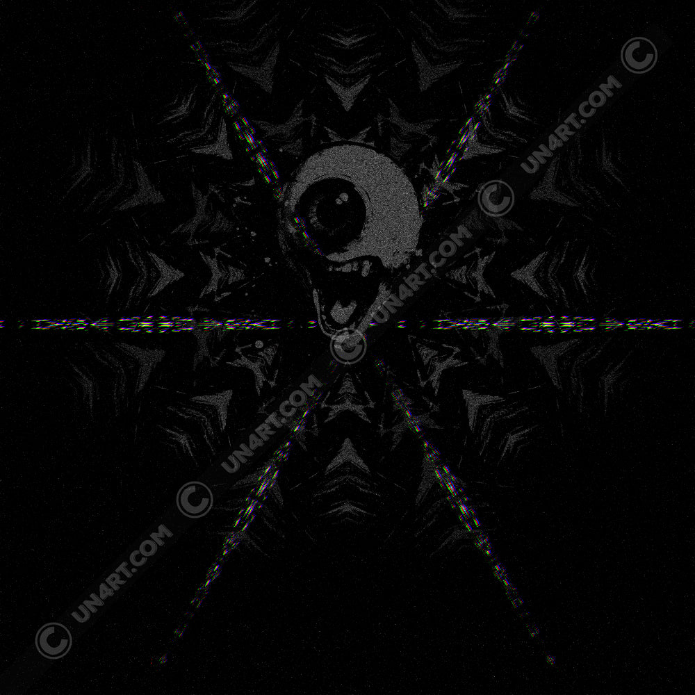 UN4RT - EYESCREAM hoodie design front graphic – original artwork featuring surreal eye-mouth fusion symbol with dripping paint effect, spiral iris and dark mandala patterns on black background.