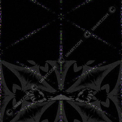 UN4RT - EYESCREAM hoodie hood detail – close-up of original artwork showing dark surrealist eye graphic printed on hoodie interior and exterior, with glitch color artifacts and fine grain texture.