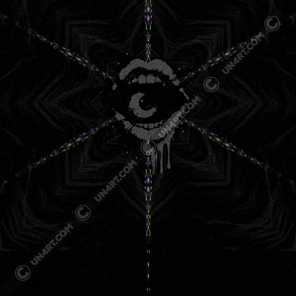 UN4RT - EYESCREAM hoodie sleeve design – original dark art graphic of screaming cyclops skull with single eye, radiating burst pattern and glitch distortion on deep black background.