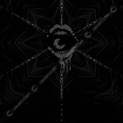 UN4RT - EYESCREAM hoodie sleeve design – original dark art graphic of screaming cyclops skull with single eye, radiating burst pattern and glitch distortion on deep black background.