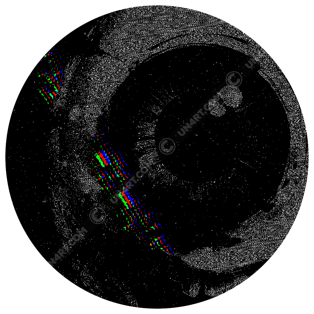 UN4RT - EYESCREAM hoodie artwork close-up – circular detail of original dark art print featuring abstract eye and claw motif, high-contrast black-on-black texture with glitch elements.