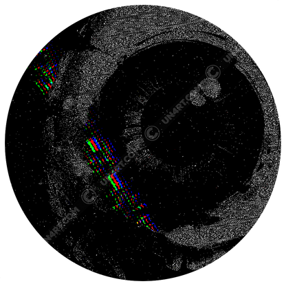 UN4RT - EYESCREAM hoodie artwork close-up – circular detail of original dark art print featuring abstract eye and claw motif, high-contrast black-on-black texture with glitch elements.
