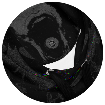 UN4RT - EYESCREAM hoodie interior detail – circular close-up of dark surrealist art print on hood lining, showing screaming face with single eye, sharp white fang shape and glitch color artifacts on black fabric.