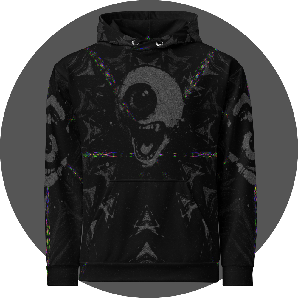 UN4RT - EYESCREAM all-over-print hoodie front view – black pullover hoodie with surreal dark art print featuring a screaming cyclops face, glitch effects and horror-inspired graphic design