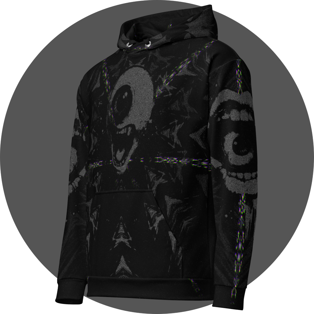 UN4RT - EYESCREAM all-over-print hoodie left side view – black pullover hoodie featuring cyclops scream graphic with swirling glitch patterns and dark surrealist artwork on sleeves