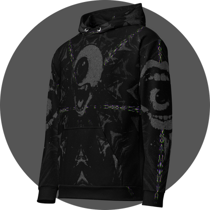 UN4RT - EYESCREAM all-over-print hoodie left side view – black pullover hoodie featuring cyclops scream graphic with swirling glitch patterns and dark surrealist artwork on sleeves