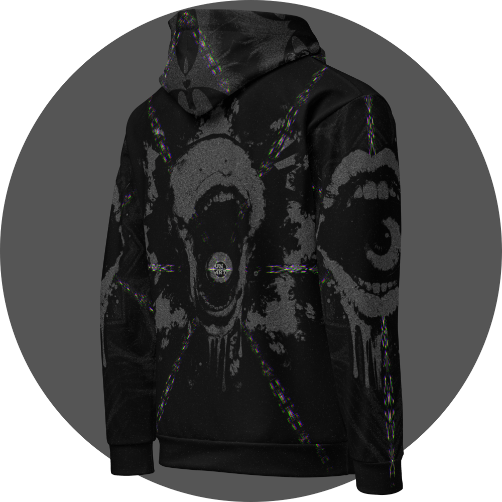 UN4RT - EYESCREAM all-over-print hoodie right side view – black hoodie with horror art print showing multiple screaming faces, glitch distortion and drip details across chest and sleeves