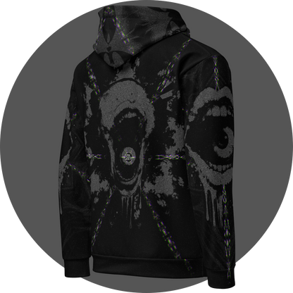 UN4RT - EYESCREAM all-over-print hoodie right side view – black hoodie with horror art print showing multiple screaming faces, glitch distortion and drip details across chest and sleeves