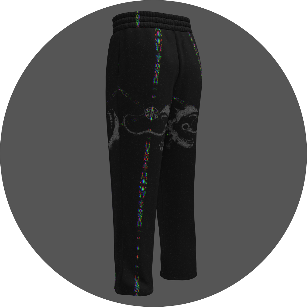 UN4RT - EYESCREAM all-over-print jogging pants back left view – black sweatpants with surrealist horror graphic showing screaming face with circular eyes, glitch distortion stripes along legs and elasticated waist.