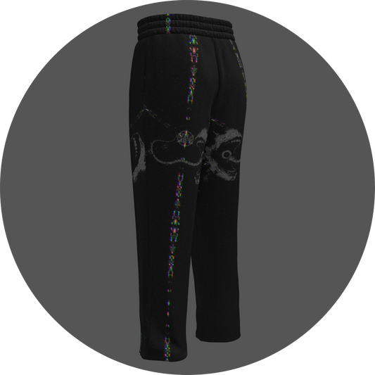 UN4RT - EYESCREAM all-over-print jogging pants back left view – black sweatpants with surrealist horror graphic showing screaming face with circular eyes, glitch distortion stripes along legs and elasticated waist.