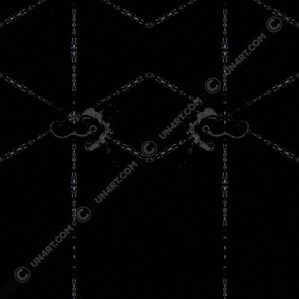 UN4RT - EYESCREAM jogging pants original back design – symmetrical dark art graphic of mirrored eye-socket and claw motif with radiating glitch lines, copyright-protected original artwork on deep black background
