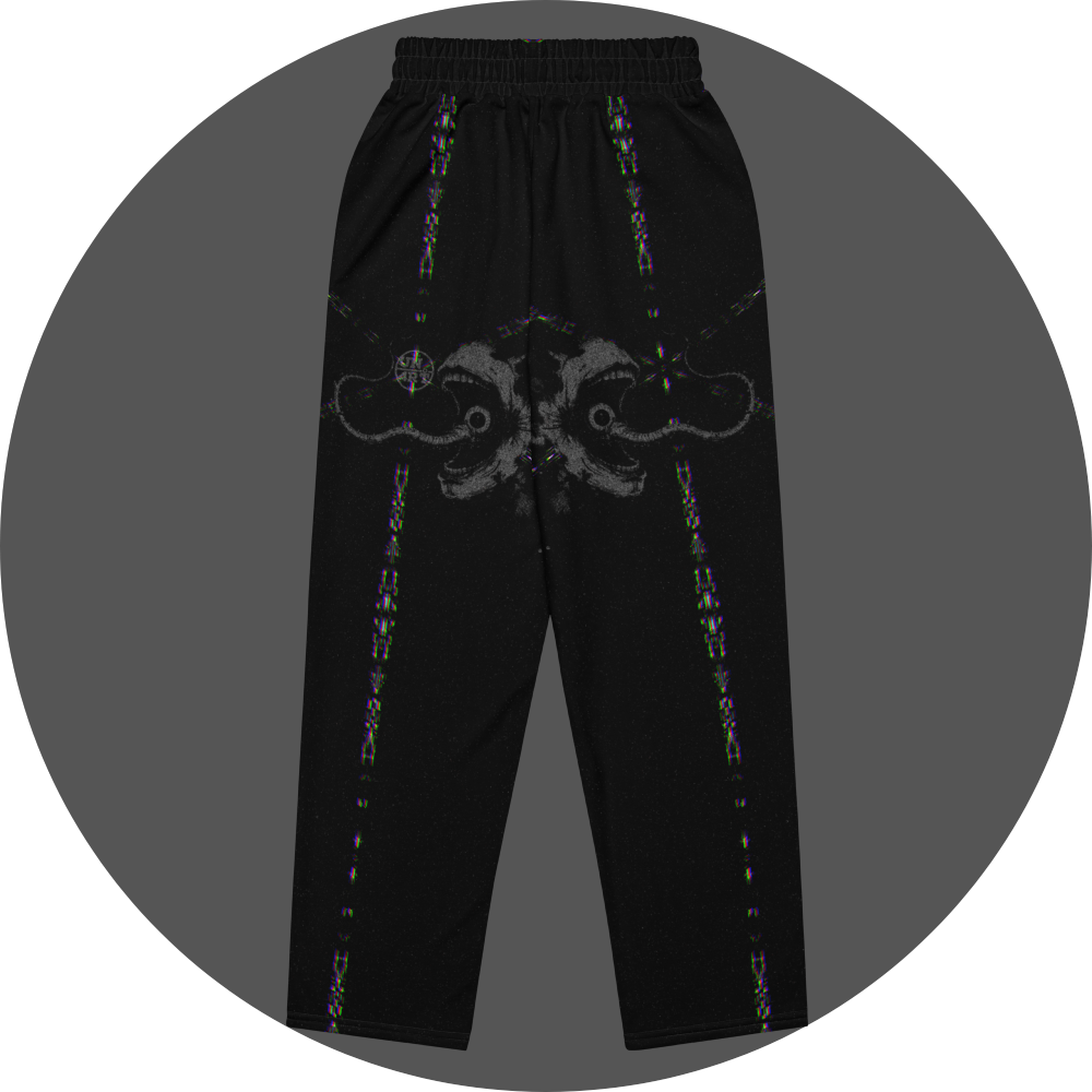 UN4RT - EYESCREAM all-over-print jogging pants back view – black sweatpants with large mirrored dark art print of screaming dual-eye figure, glitch stripe details along legs and elasticated waistband
