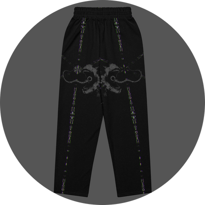 UN4RT - EYESCREAM all-over-print jogging pants back view – black sweatpants with large mirrored dark art print of screaming dual-eye figure, glitch stripe details along legs and elasticated waistband
