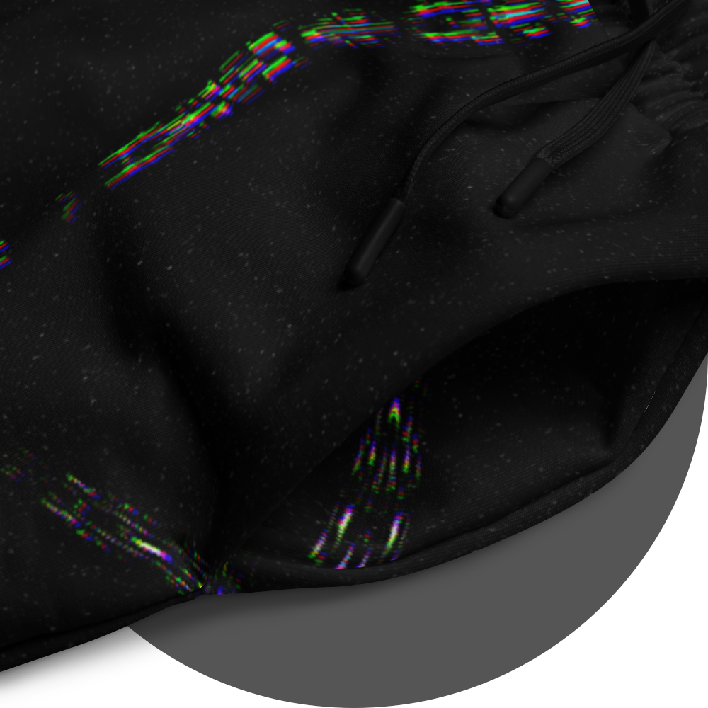 UN4RT - EYESCREAM jogging pants artwork detail – circular close-up of original dark art print showing large spiral cyclops eye with glitch color artifacts, fine grain texture and surrealist horror elements.