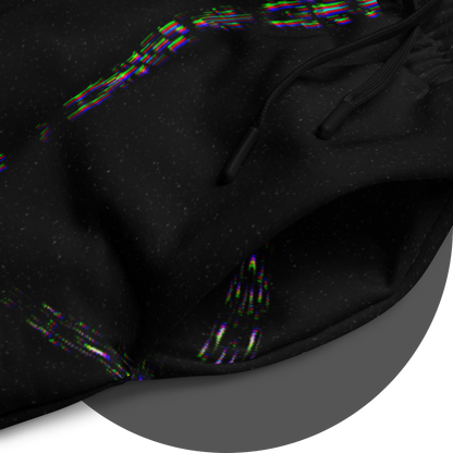 UN4RT - EYESCREAM jogging pants artwork detail – circular close-up of original dark art print showing large spiral cyclops eye with glitch color artifacts, fine grain texture and surrealist horror elements.