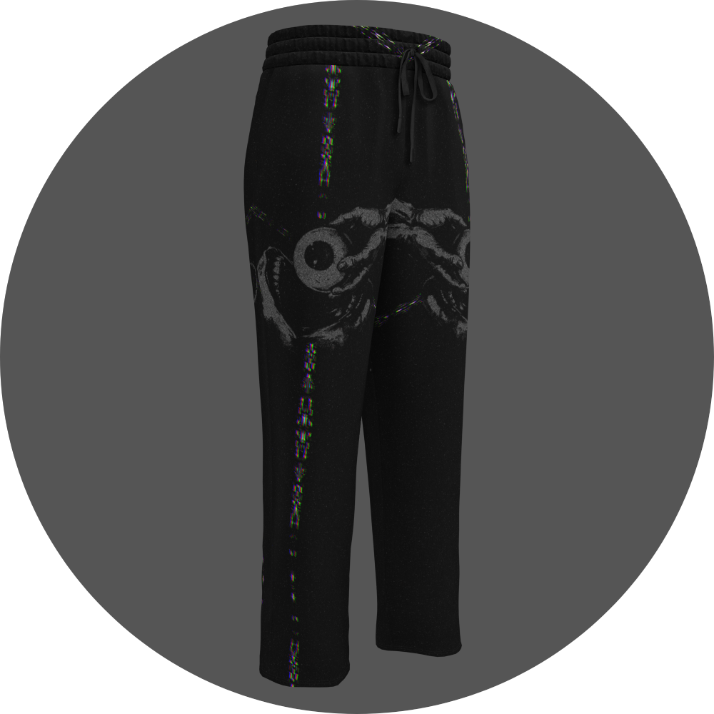 UN4RT - EYESCREAM all-over-print jogging pants front right view – black sweatpants with dark surrealist graphic featuring screaming cyclops face, glitch line details along legs and elasticated waistband with drawstring.