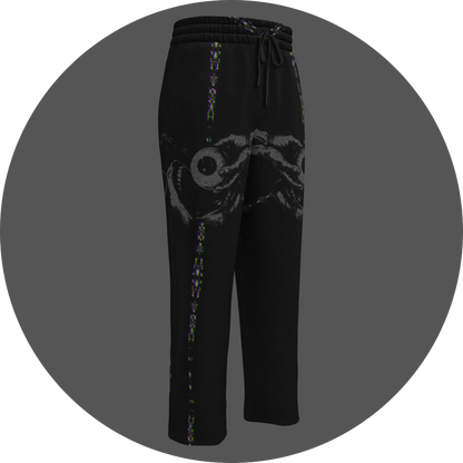 UN4RT - EYESCREAM all-over-print jogging pants front right view – black sweatpants with dark surrealist graphic featuring screaming cyclops face, glitch line details along legs and elasticated waistband with drawstring.