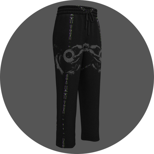 UN4RT - EYESCREAM all-over-print jogging pants front right view – black sweatpants with dark surrealist graphic featuring screaming cyclops face, glitch line details along legs and elasticated waistband with drawstring.