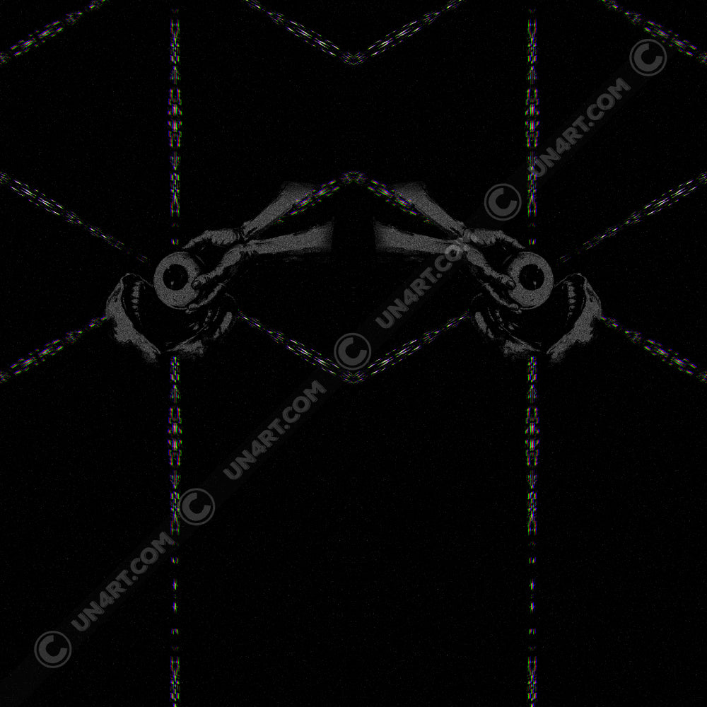 UN4RT - EYESCREAM jogging pants original front design – dark art graphic showing mirrored symmetrical screaming faces with circular eyes, claw hands and glitch elements, copyright-protected artwork on black background.