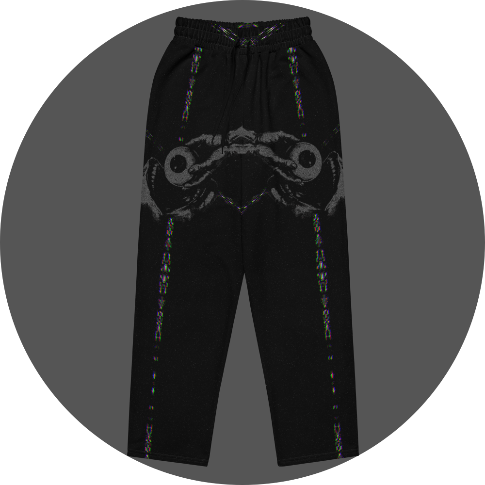 UN4RT - EYESCREAM all-over-print jogging pants front view – black sweatpants with symmetrical dark art print showing dual screaming faces with circular eyes, glitch stripe details along legs on black background.
