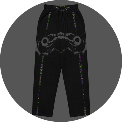 UN4RT - EYESCREAM all-over-print jogging pants front view – black sweatpants with symmetrical dark art print showing dual screaming faces with circular eyes, glitch stripe details along legs on black background.