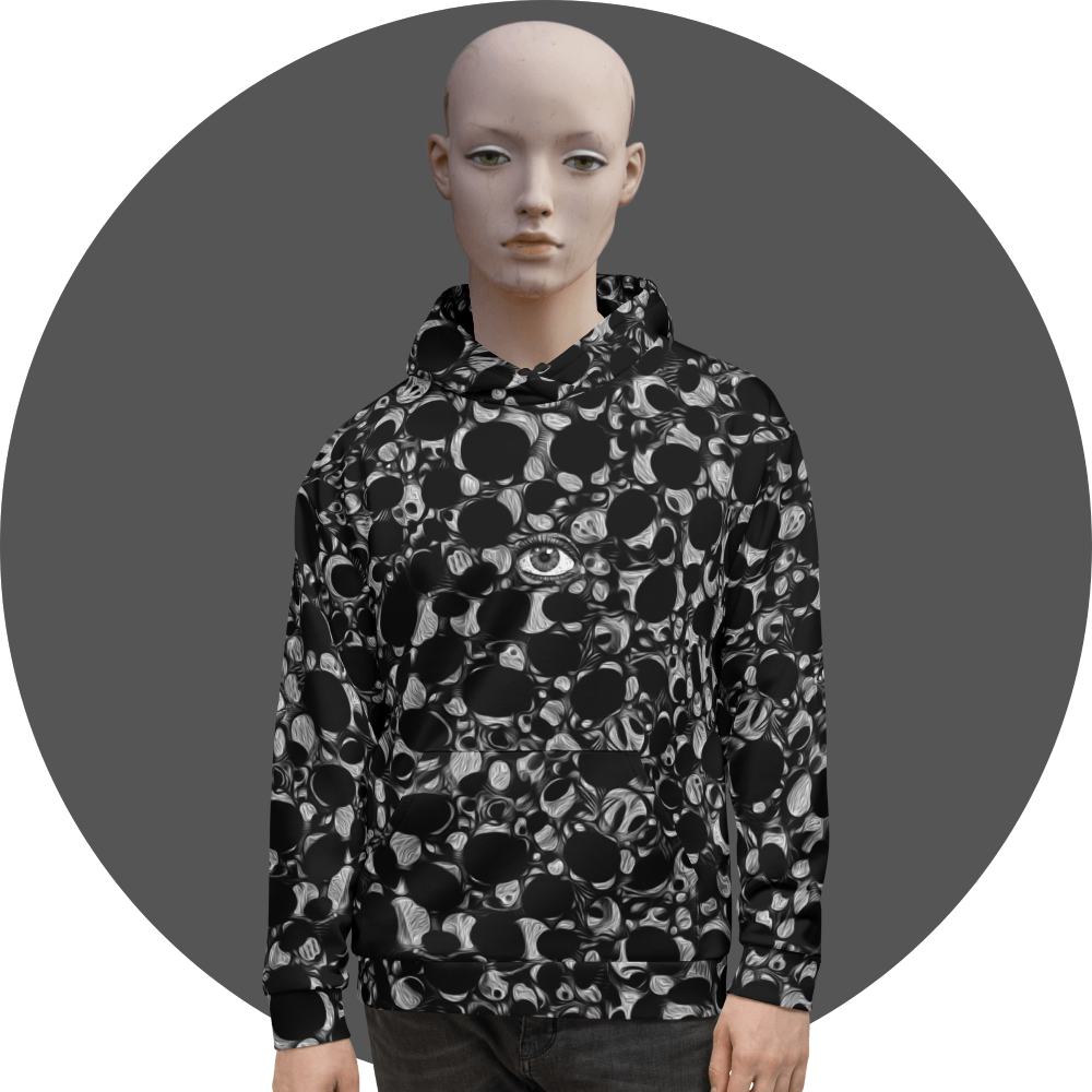 UN4RT black all-over print hoodie, dense black and white organic bubble pattern with single realistic eye motif centered on chest, kangaroo pocket, mannequin front view, grey circular background.