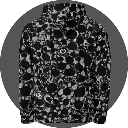 un4rt - the image shows the back of a hoodie with an abstract pattern of irregular black and white dots and circles. the white parts are structured like in an oil painting. the dots and circles are merging into each other. three eyes are integrated in the pattern. one eye in the center, two eyes at the bottom.
