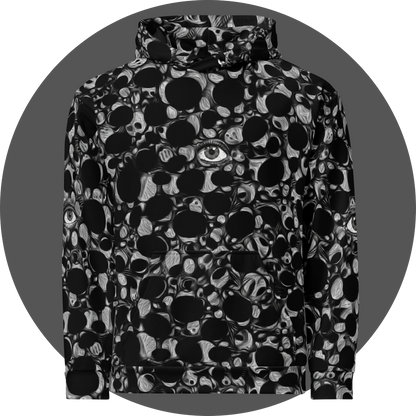 un4rt - hoodie with an abstract pattern of irregular black and white dots and circles. the white parts are structured like in an oil painting. dots and circles merge into each other. eye in the center of the chest.