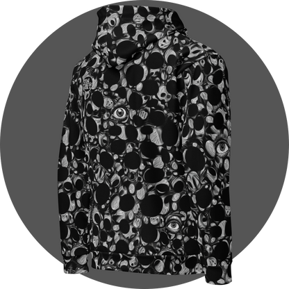 un4rt - the image shows the right back of a hoodie with an abstract pattern of irregular black and white dots and circles. the white parts are structured like in an oil painting. the dots and circles are merging into each other. two eyes are integrated in the back. another eye is integrated on the sleeve.