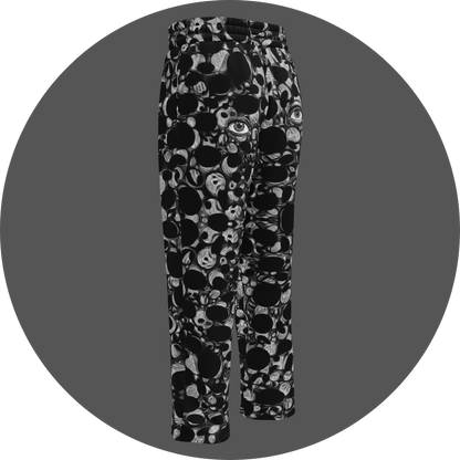 UN4RT eyesolation all-over-print jogging pants back left view – black sweatpants with dense abstract pattern of black organic blob shapes and grey brushstroke texture, subtle eye motif visible in print, elasticated waistband, straight leg cut.