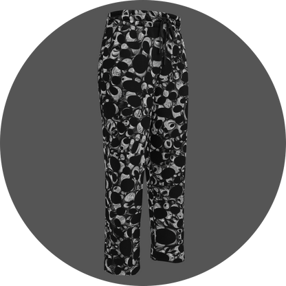 UN4RT eyesolation all-over-print jogging pants front right view – black sweatpants with dense abstract pattern of black organic blob shapes and grey brushstroke texture, elasticated drawstring waistband, straight leg cut.