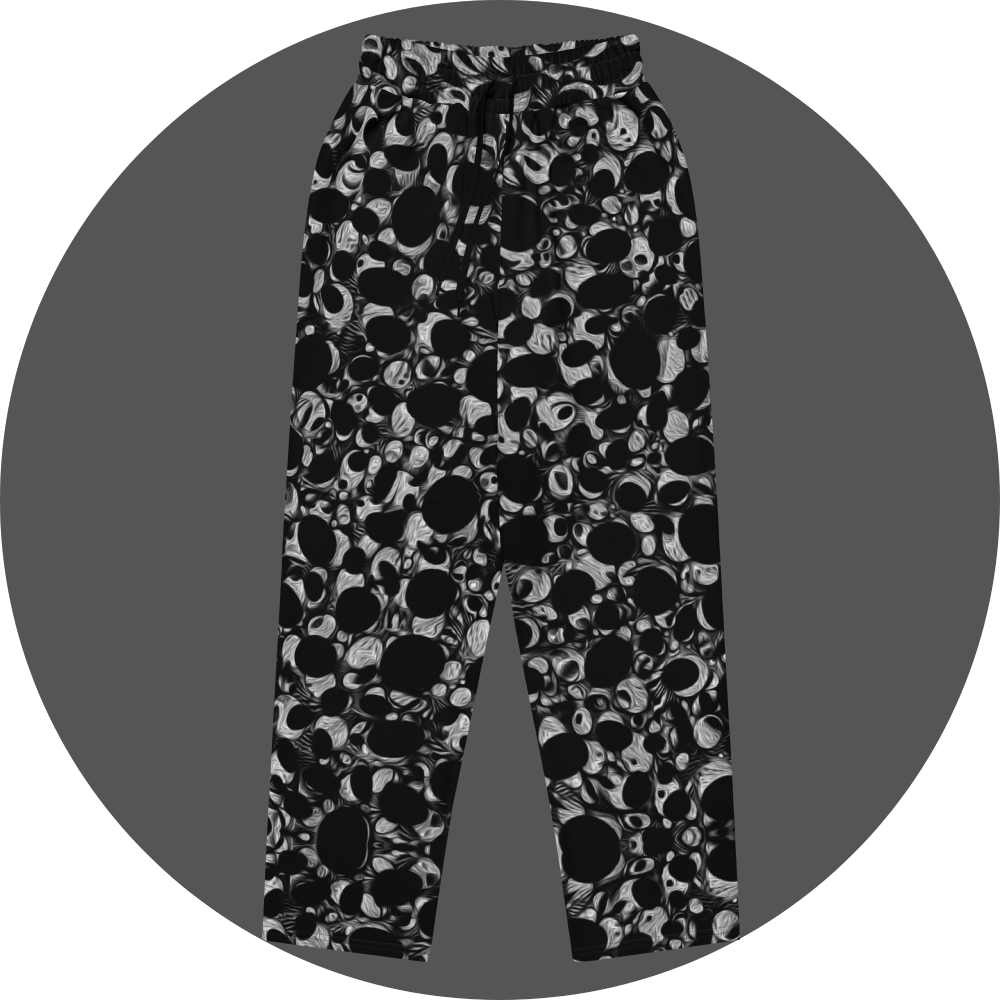 UN4RT eyesolation all-over-print jogging pants front flat – black sweatpants with dense abstract pattern of black organic blob shapes and grey brushstroke texture, elasticated drawstring waistband.