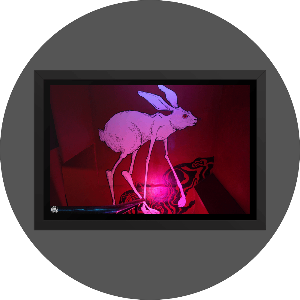 un4rt - the photographie shows a mural of a grotesque white rabbit with extraordinary long legs and a red eye. the main color of the wall is red. some psychedelich black curves on the bottom. the rabbit is walking upstairs.