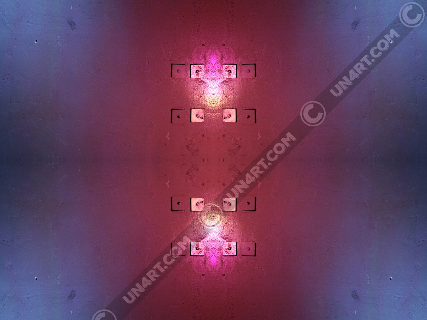 un4rt - the image contains the photographie for four times. two of the photographies are mirrored, one is turned around 180° and one is original. the colors are red and light blue.