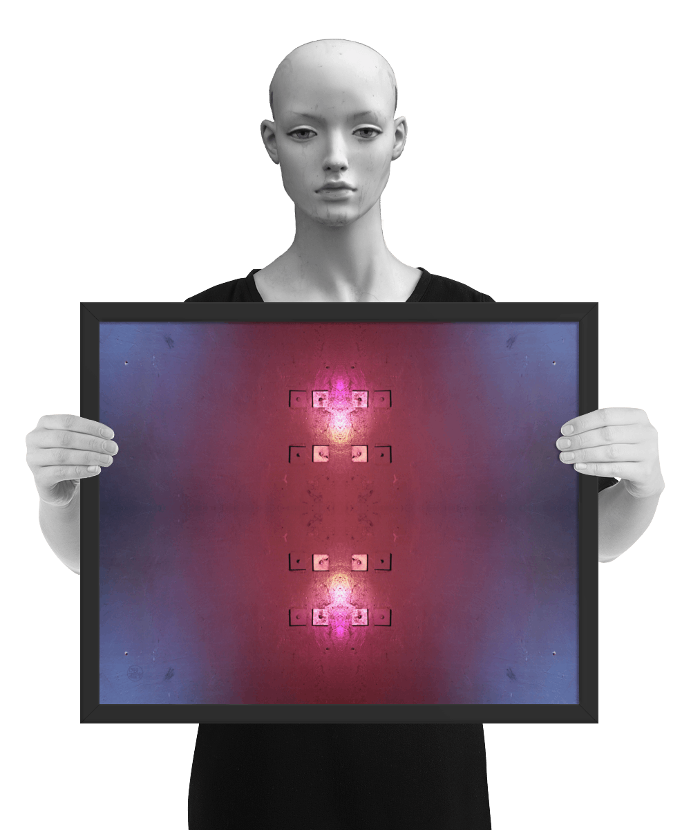 un4rt - the image contains the photographie for four times. two of the photographies are mirrored, one is turned around 180° and one is original. the colors are red and light blue. the image is framed and presented by a mannequin in black and white.