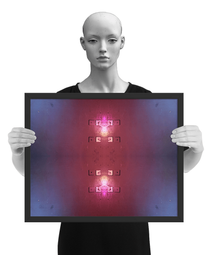 un4rt - the image contains the photographie for four times. two of the photographies are mirrored, one is turned around 180° and one is original. the colors are red and light blue. the image is framed and presented by a mannequin in black and white.
