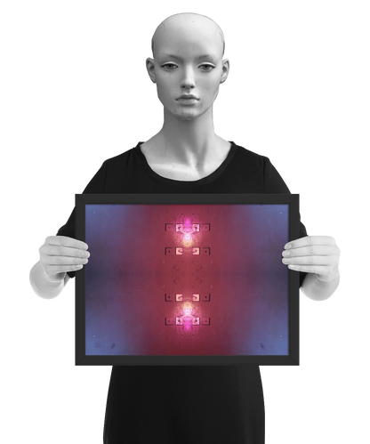 un4rt - the image contains the photographie for four times. two of the photographies are mirrored, one is turned around 180° and one is original. the colors are red and light blue. the image is framed and presented by a mannequin in black and white.
