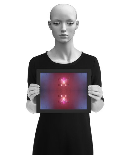 un4rt - the image contains the photographie for four times. two of the photographies are mirrored, one is turned around 180° and one is original. the colors are red and light blue. the image is framed and presented by a mannequin in black and white.