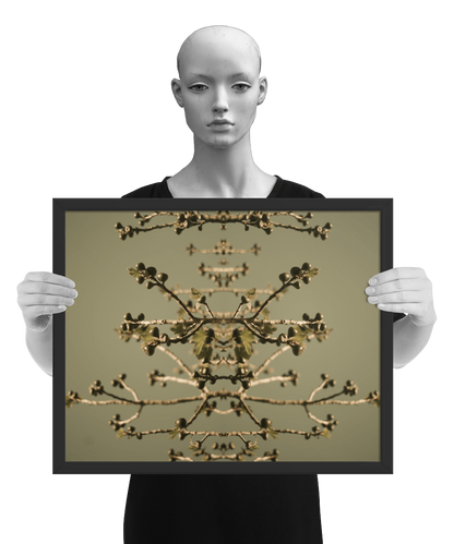 un4rt - the photographie is doubled and then mirrored. both photographies together create the final image. the image shows some branches of a fig tree with some small figs. the background is a light olive green. the image is framed and resented by a mannequin in black and white.