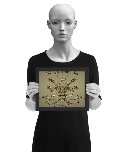 un4rt - the photographie is doubled and then mirrored. both photographies together create the final image. the image shows some branches of a fig tree with some small figs. the background is a light olive green. the image is framed and resented by a mannequin in black and white.