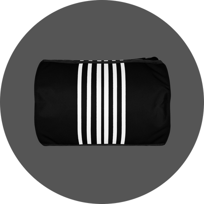 un4rt - the image shows the bottom of a black tubular gym bag with six vertical white stripes in the middle.