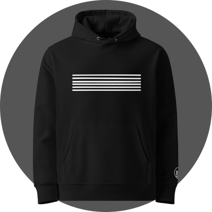 un4rt - the image shows the front of a black cotton hoodie with a print of six horizontal white stripes. also a white "UN4RT"-logo embroidery on the left sleeve. only the upper part of the embroidery is visible.